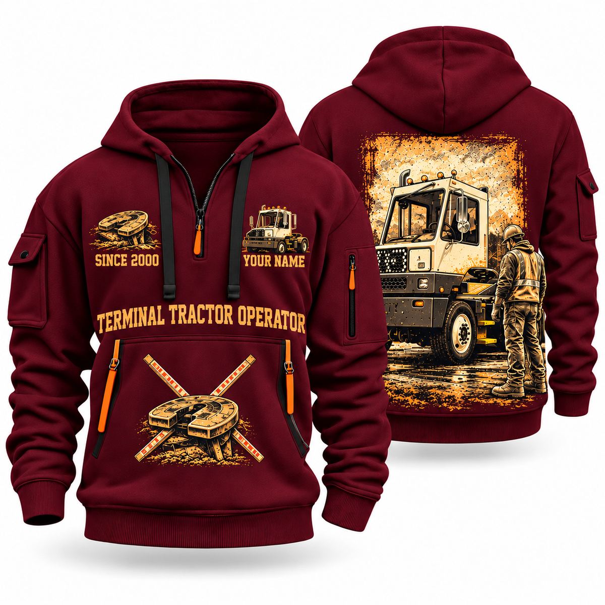 Capacity TJ 5000 Terminal Tractor quarter zip hoodie in Wine Red, front and back views, sample YOUR NAME and SINCE 2000 artwork