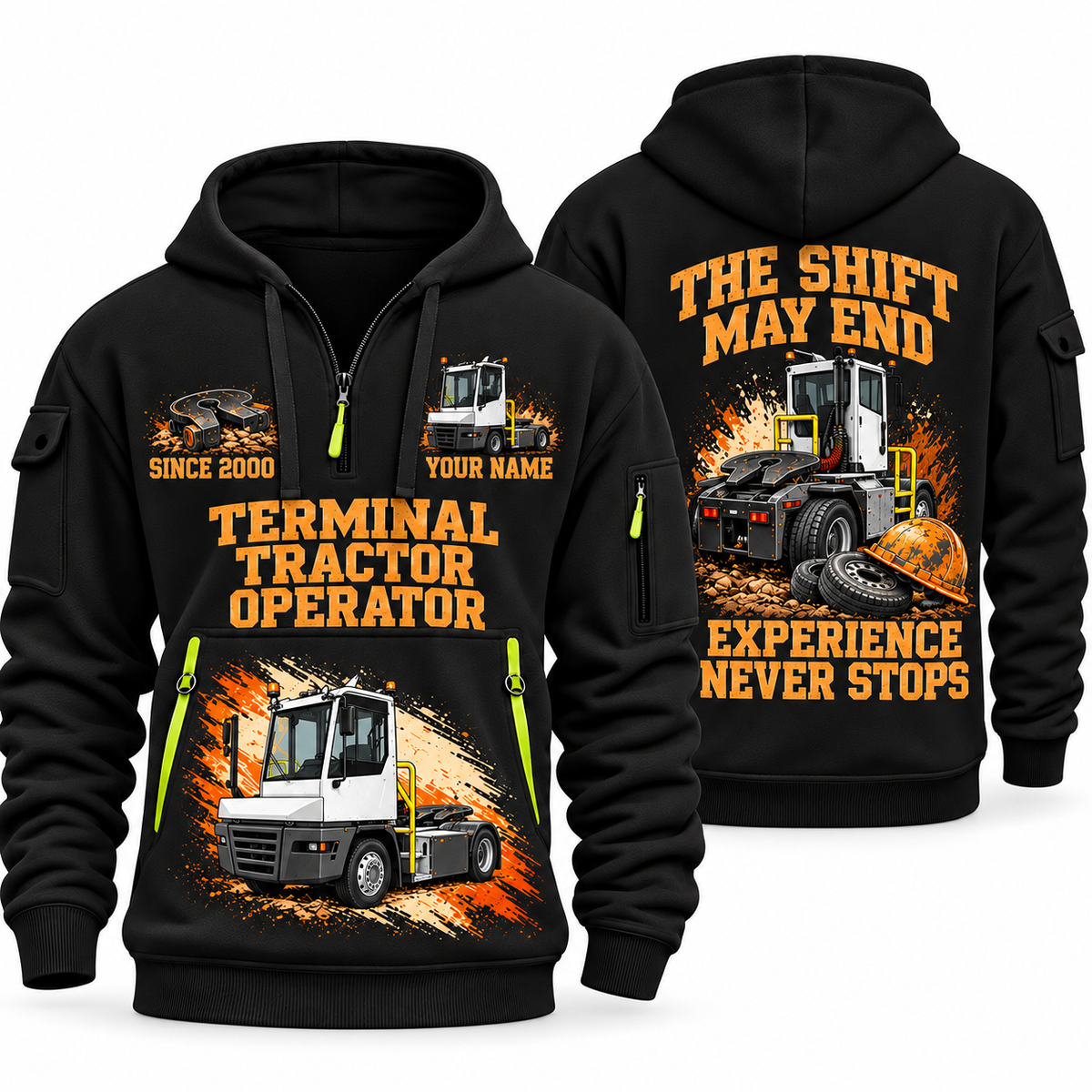 Terberg YT193 Terminal Tractor quarter zip hoodie in Black, front and back views, sample YOUR NAME and SINCE 2000 artwork