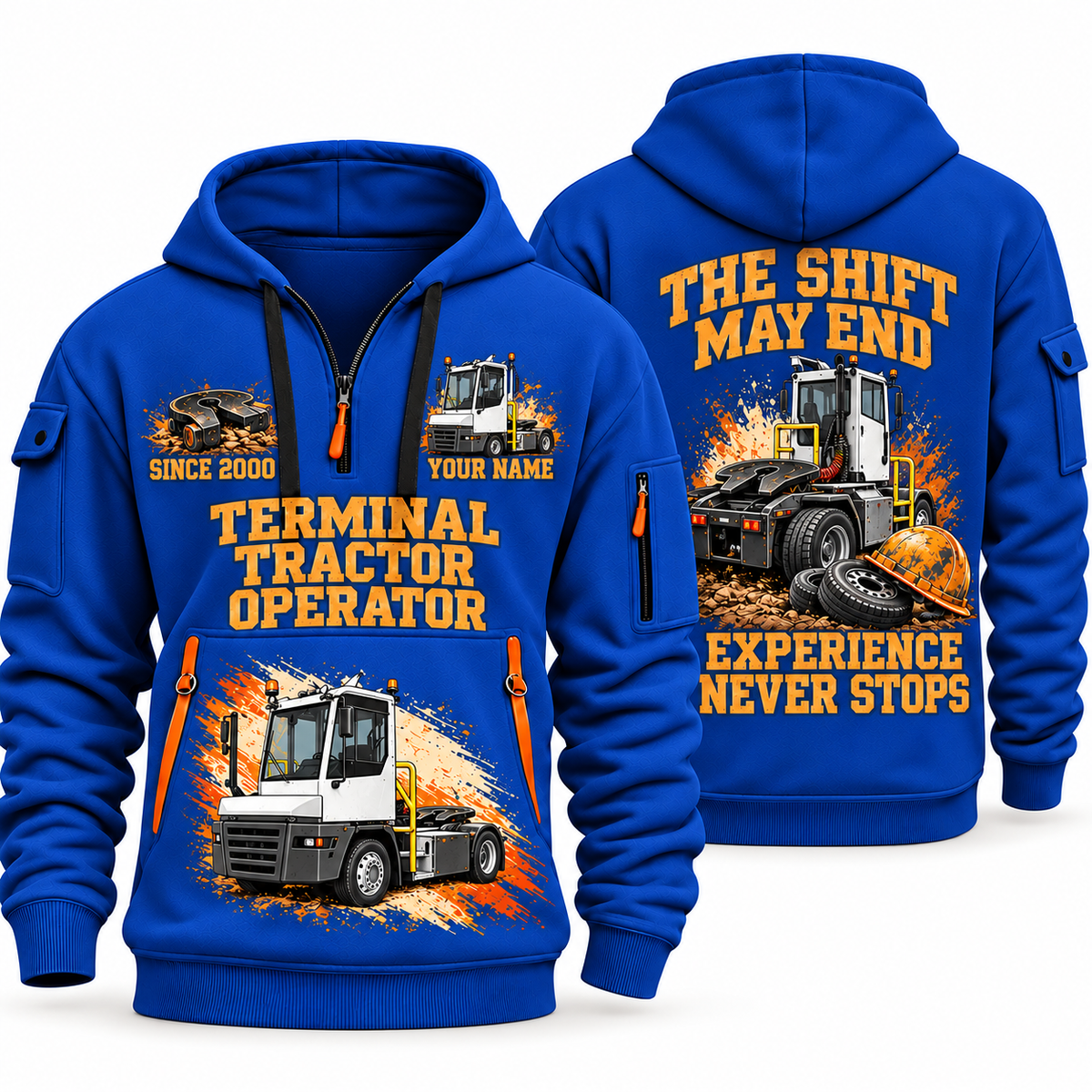 Terberg YT193 Terminal Tractor quarter zip hoodie in Blue, front and back views, sample YOUR NAME and SINCE 2000 artwork
