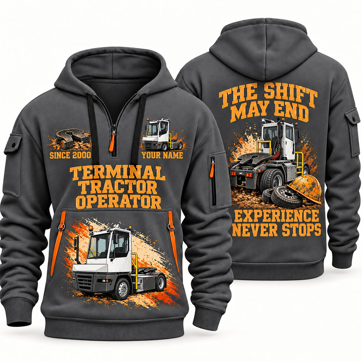 Terberg YT193 Terminal Tractor quarter zip hoodie in Gray, front and back views, sample YOUR NAME and SINCE 2000 artwork