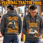 Terberg YT193 Terminal Tractor quarter zip hoodie in Gray, adult lifestyle portrait showing front and back artwork