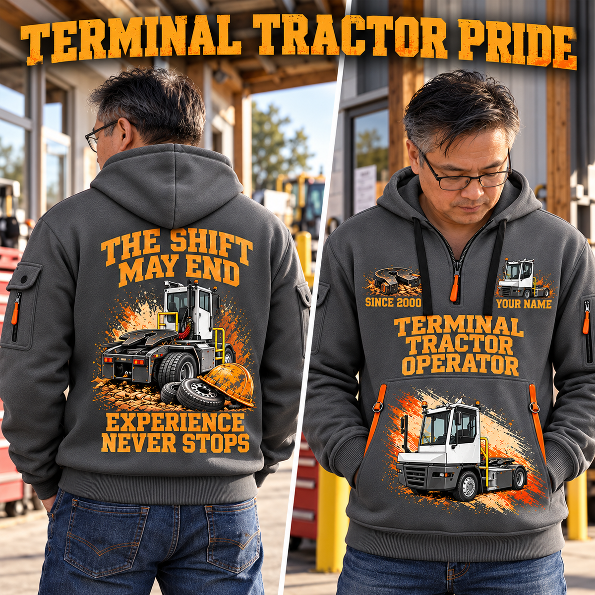 Terberg YT193 Terminal Tractor quarter zip hoodie in Gray, adult lifestyle portrait showing front and back artwork