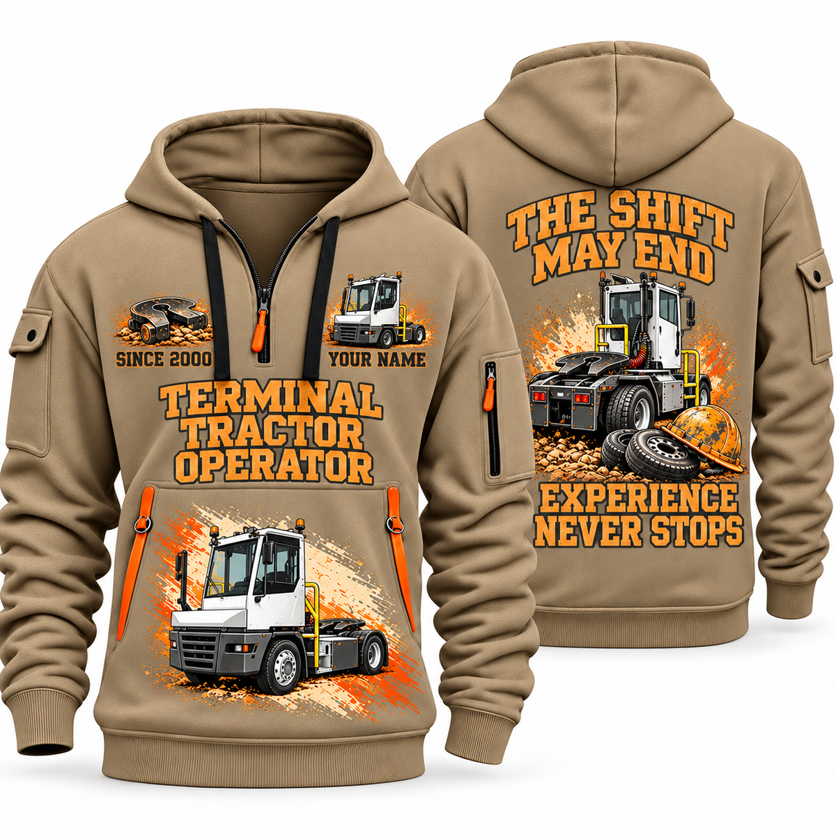 Terberg YT193 Terminal Tractor quarter zip hoodie in Khaki, front and back views, sample YOUR NAME and SINCE 2000 artwork