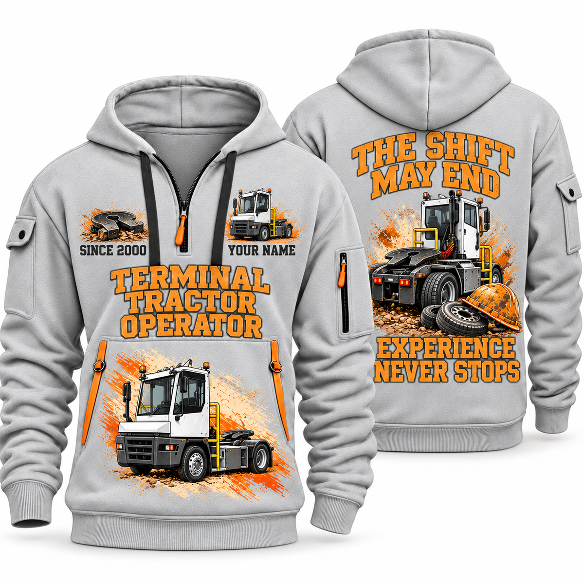 Terberg YT193 Terminal Tractor quarter zip hoodie in Light Grey, front and back views, sample YOUR NAME and SINCE 2000 artwork