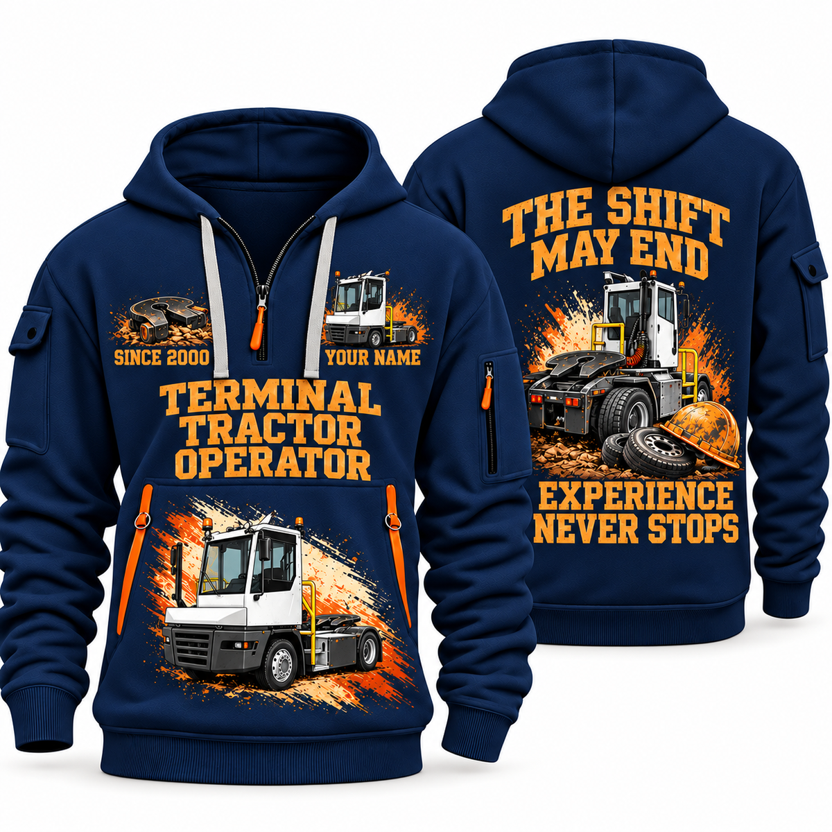 Terberg YT193 Terminal Tractor quarter zip hoodie in Navy, front and back views, sample YOUR NAME and SINCE 2000 artwork
