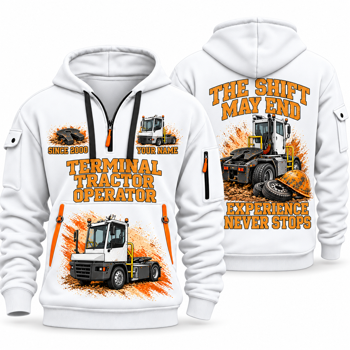 Terberg YT193 Terminal Tractor quarter zip hoodie in White, front and back views, sample YOUR NAME and SINCE 2000 artwork