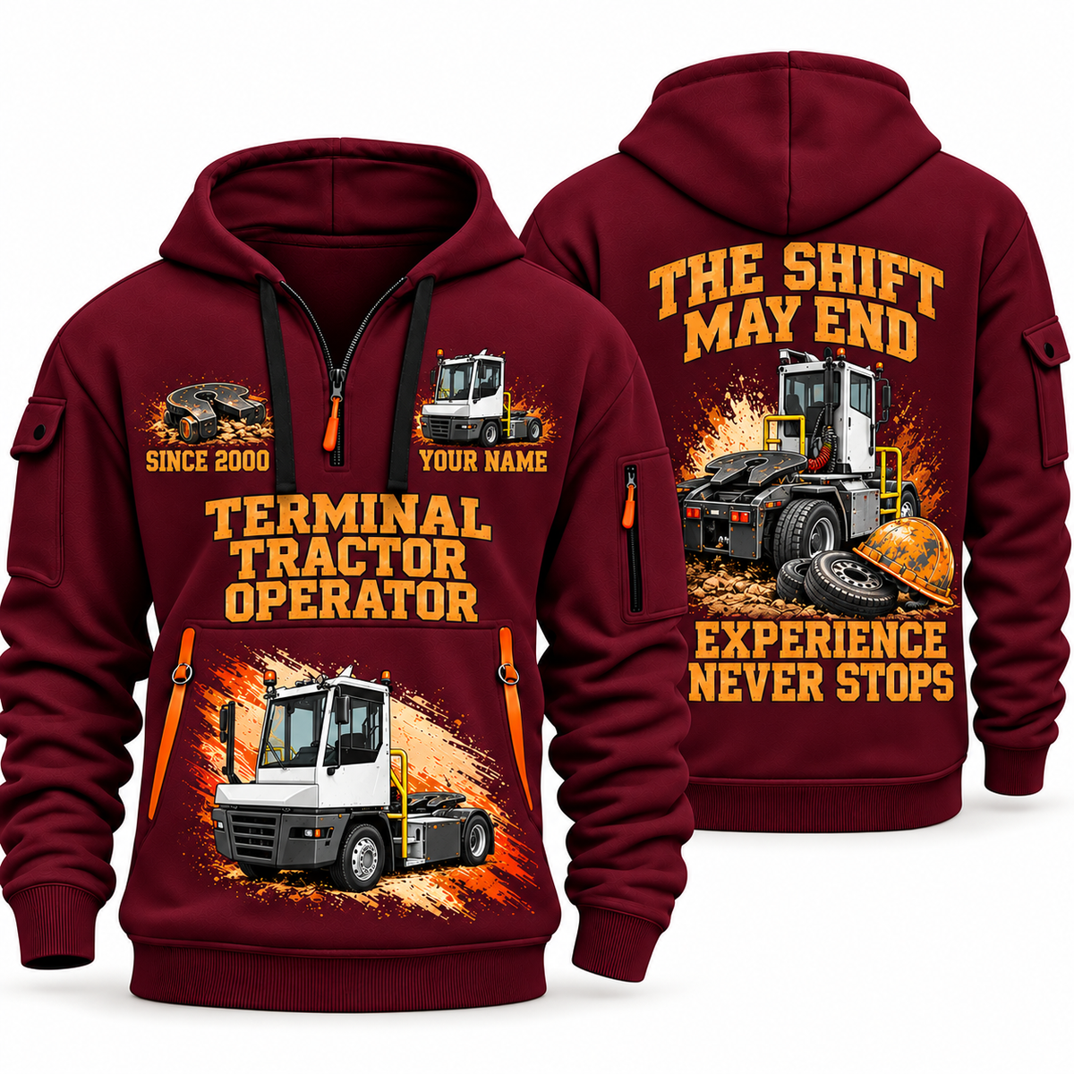 Terberg YT193 Terminal Tractor quarter zip hoodie in Wine Red, front and back views, sample YOUR NAME and SINCE 2000 artwork