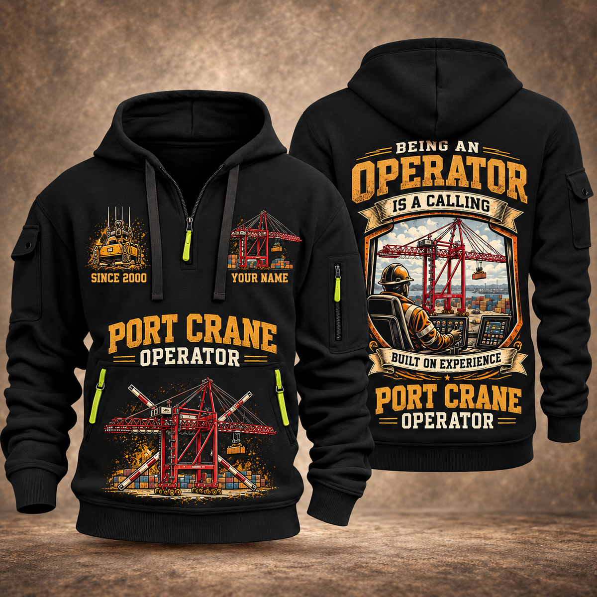 Liebherr STS 69 m Port Crane - PNCT Configuration quarter zip hoodie in Black, front and back views, sample YOUR NAME and SINCE 2000 artwork