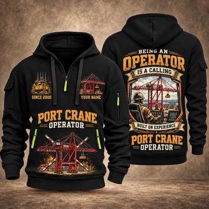 Liebherr STS 69 m Port Crane - PNCT Configuration quarter zip hoodie in Black, front and back views, sample YOUR NAME and SINCE 2000 artwork