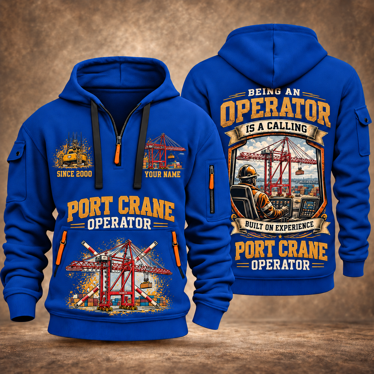 Liebherr STS 69 m Port Crane - PNCT Configuration quarter zip hoodie in Blue, front and back views, sample YOUR NAME and SINCE 2000 artwork