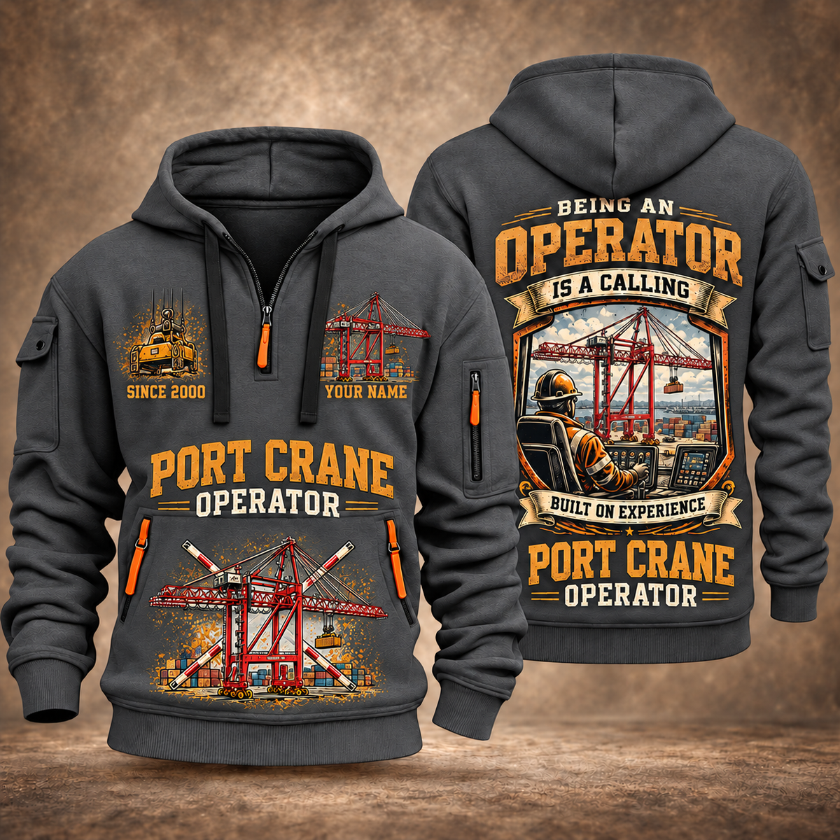 Liebherr STS 69 m Port Crane - PNCT Configuration quarter zip hoodie in Gray, front and back views, sample YOUR NAME and SINCE 2000 artwork