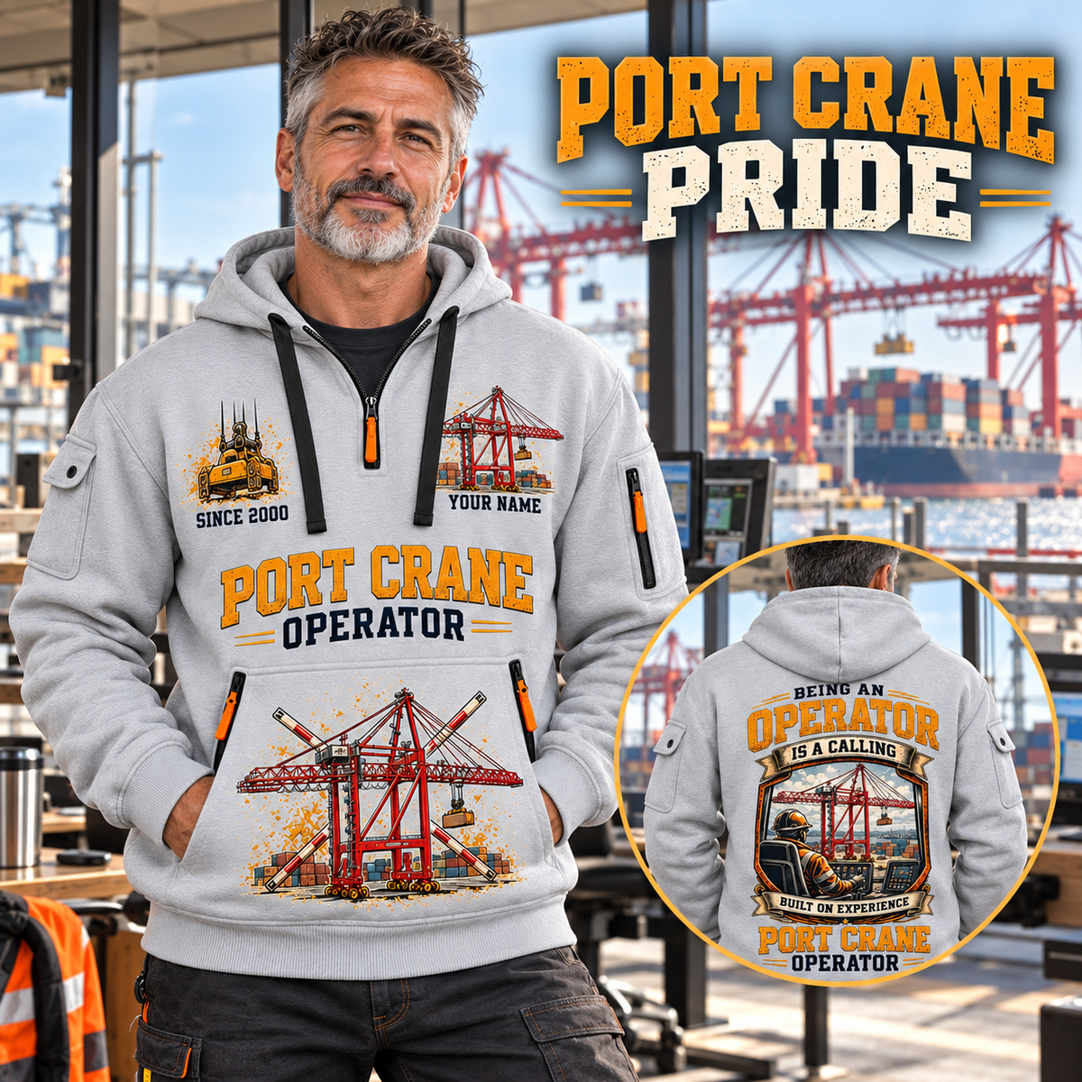 Liebherr STS 69 m Port Crane - PNCT Configuration quarter zip hoodie in Light Grey, adult lifestyle portrait showing front and back artwork