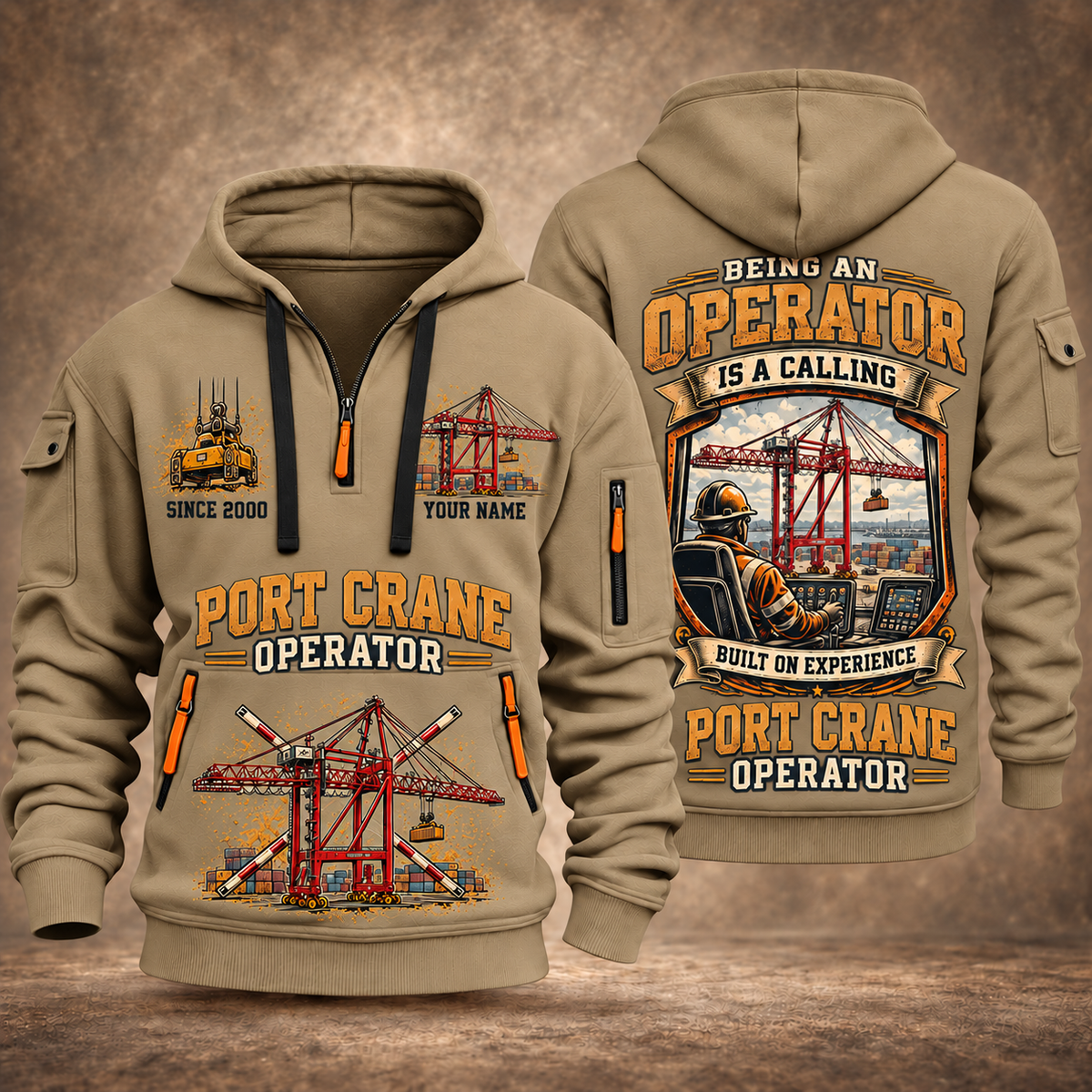 Liebherr STS 69 m Port Crane - PNCT Configuration quarter zip hoodie in Khaki, front and back views, sample YOUR NAME and SINCE 2000 artwork