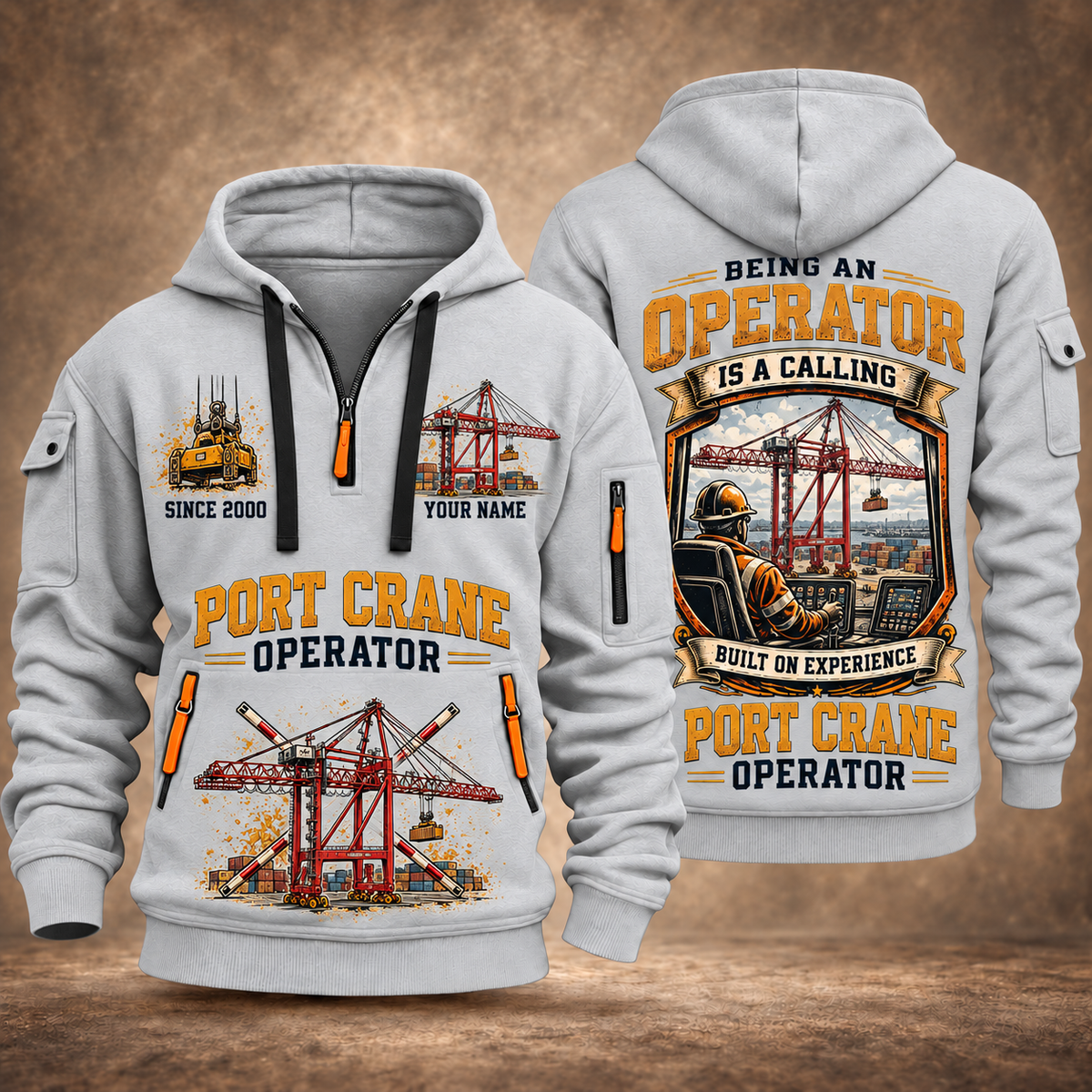 Liebherr STS 69 m Port Crane - PNCT Configuration quarter zip hoodie in Light Grey, front and back views, sample YOUR NAME and SINCE 2000 artwork