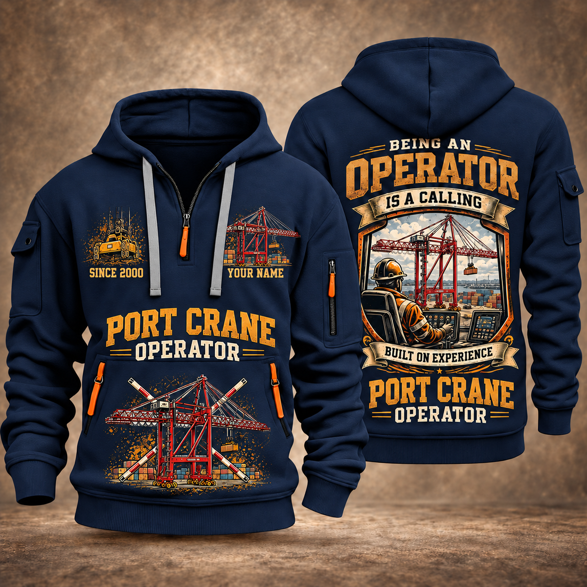 Liebherr STS 69 m Port Crane - PNCT Configuration quarter zip hoodie in Navy, front and back views, sample YOUR NAME and SINCE 2000 artwork