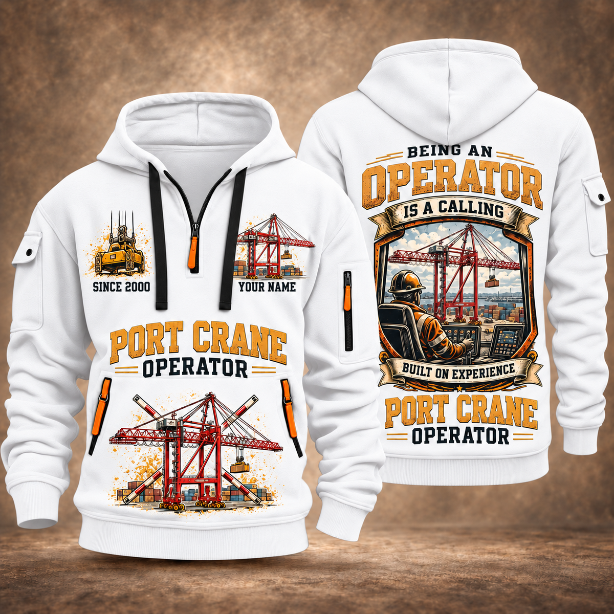 Liebherr STS 69 m Port Crane - PNCT Configuration quarter zip hoodie in White, front and back views, sample YOUR NAME and SINCE 2000 artwork