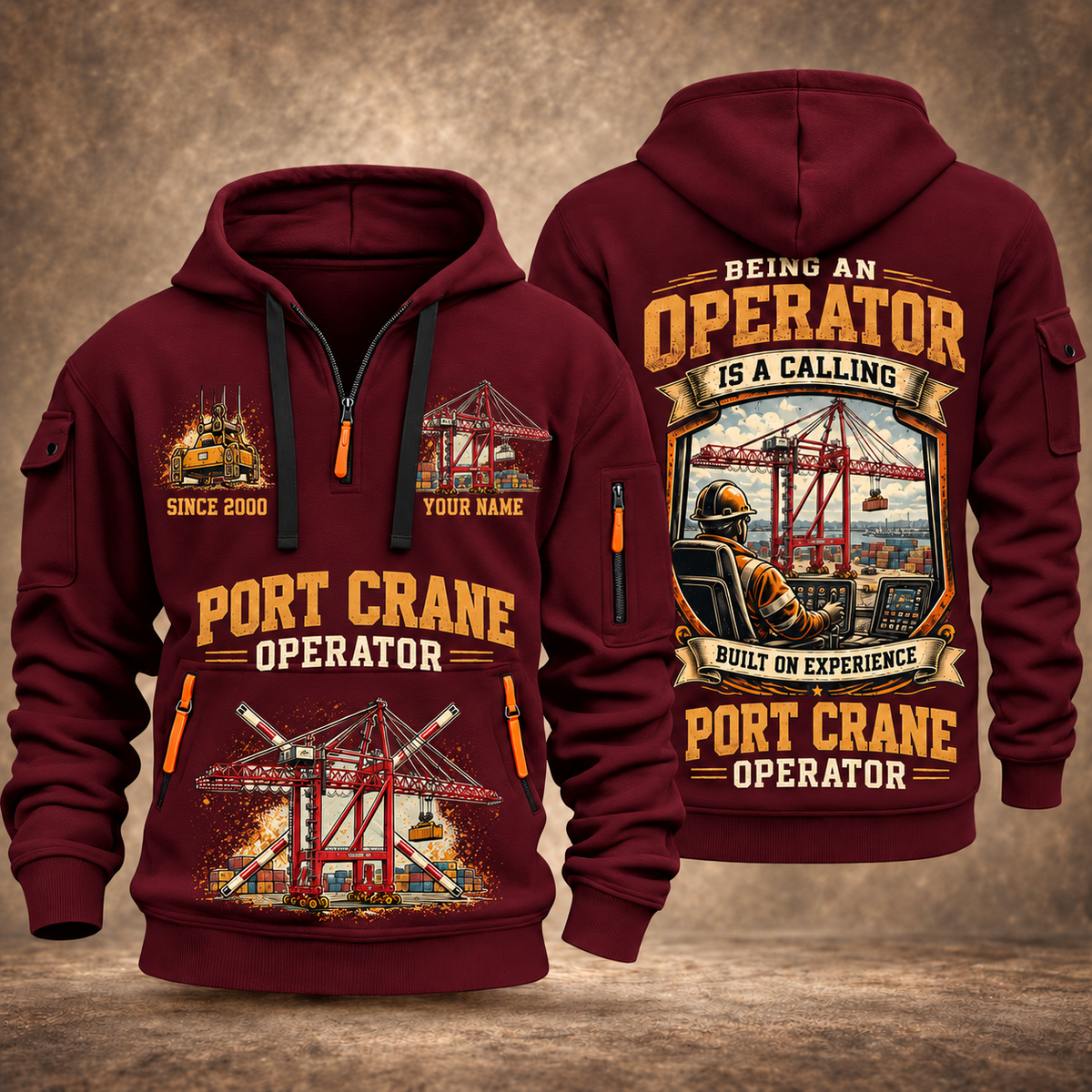 Liebherr STS 69 m Port Crane - PNCT Configuration quarter zip hoodie in Wine Red, front and back views, sample YOUR NAME and SINCE 2000 artwork