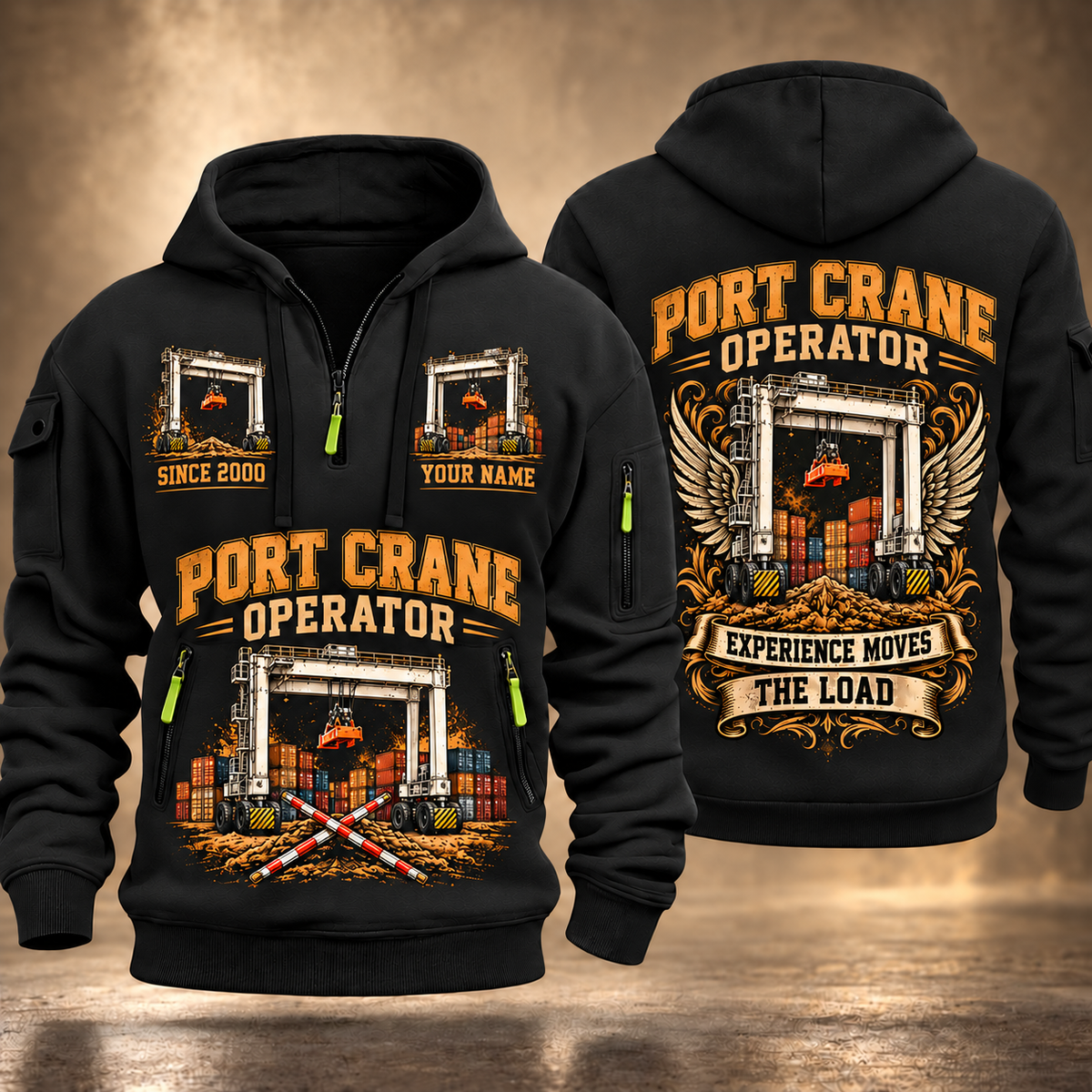 Konecranes Hybrid RTG Port Crane - Savannah Configuration quarter zip hoodie in Black, front and back views, sample YOUR NAME and SINCE 2000 artwork