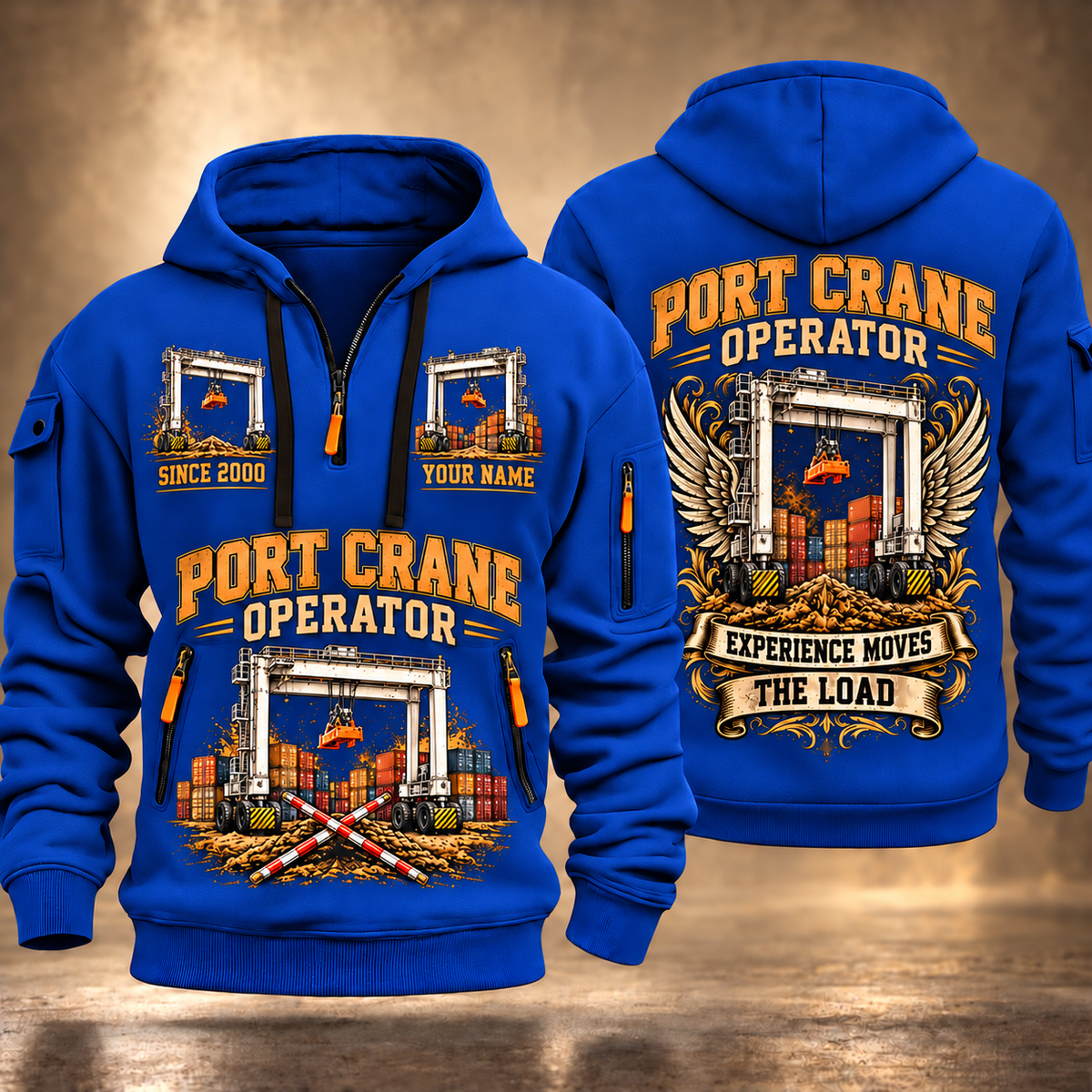 Konecranes Hybrid RTG Port Crane - Savannah Configuration quarter zip hoodie in Blue, front and back views, sample YOUR NAME and SINCE 2000 artwork