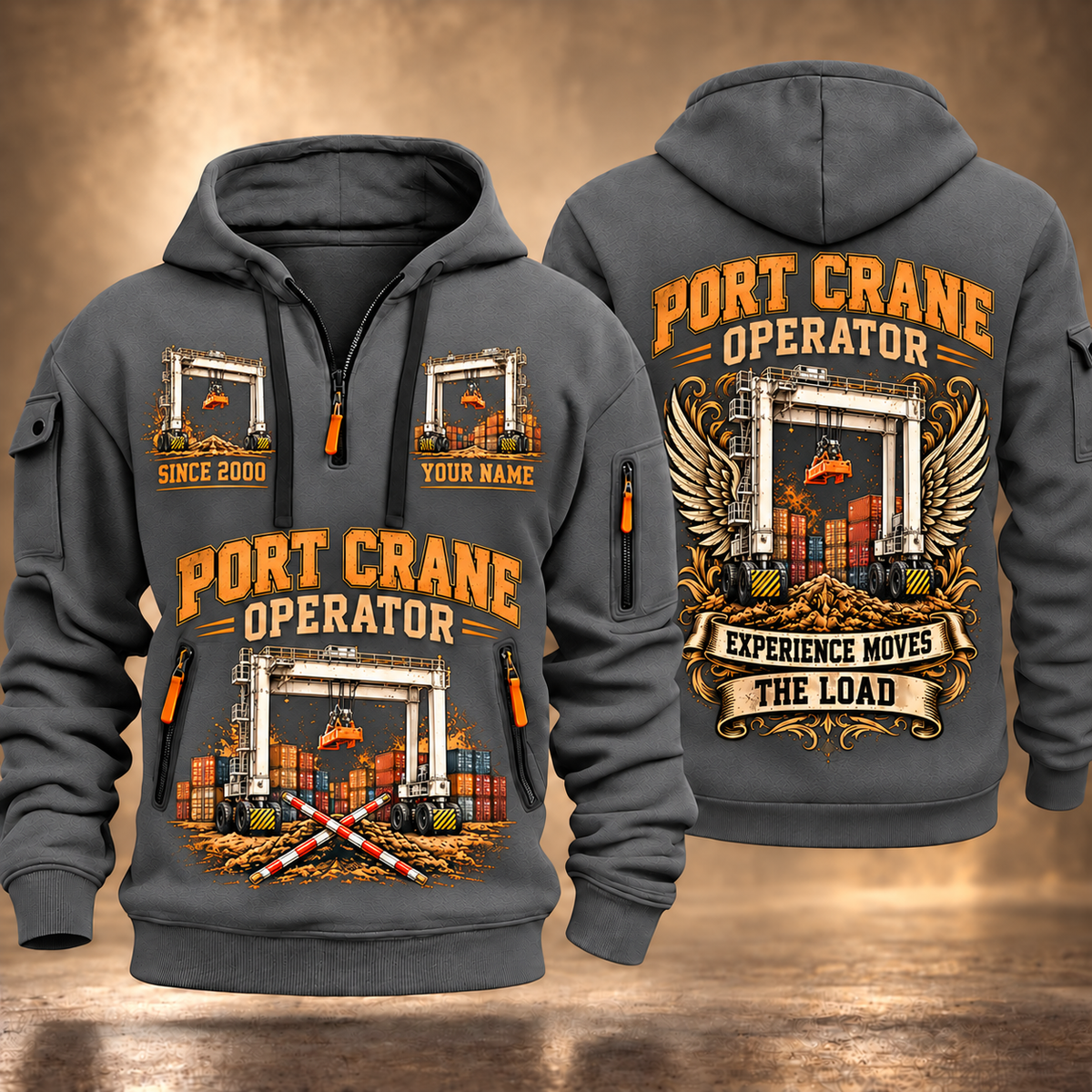 Konecranes Hybrid RTG Port Crane - Savannah Configuration quarter zip hoodie in Gray, front and back views, sample YOUR NAME and SINCE 2000 artwork