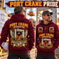 Konecranes Hybrid RTG Port Crane - Savannah Configuration quarter zip hoodie in Wine Red, adult lifestyle portrait showing front and back artwork