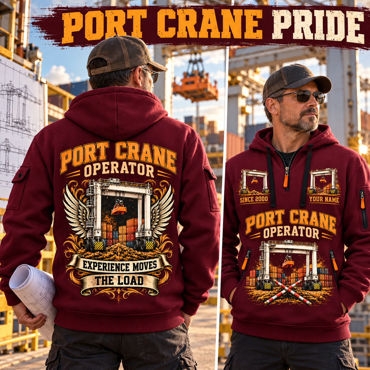 Konecranes Hybrid RTG Port Crane - Savannah Configuration quarter zip hoodie in Wine Red, adult lifestyle portrait showing front and back artwork