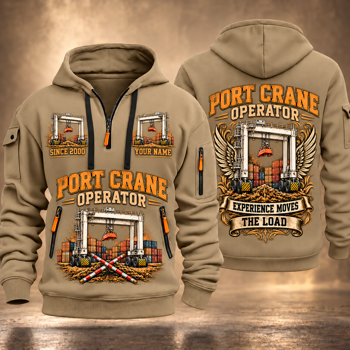 Konecranes Hybrid RTG Port Crane - Savannah Configuration quarter zip hoodie in Khaki, front and back views, sample YOUR NAME and SINCE 2000 artwork