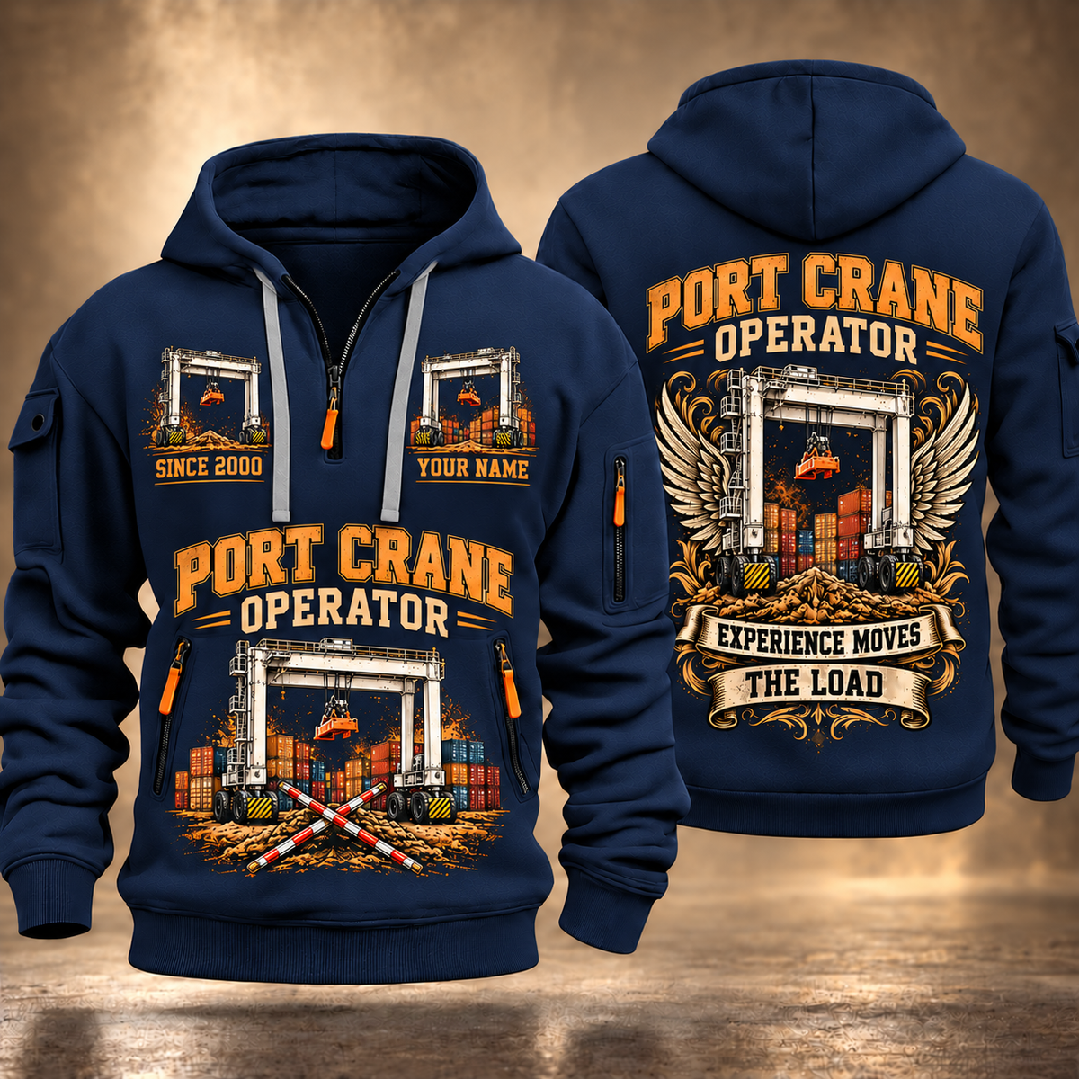 Konecranes Hybrid RTG Port Crane - Savannah Configuration quarter zip hoodie in Navy, front and back views, sample YOUR NAME and SINCE 2000 artwork