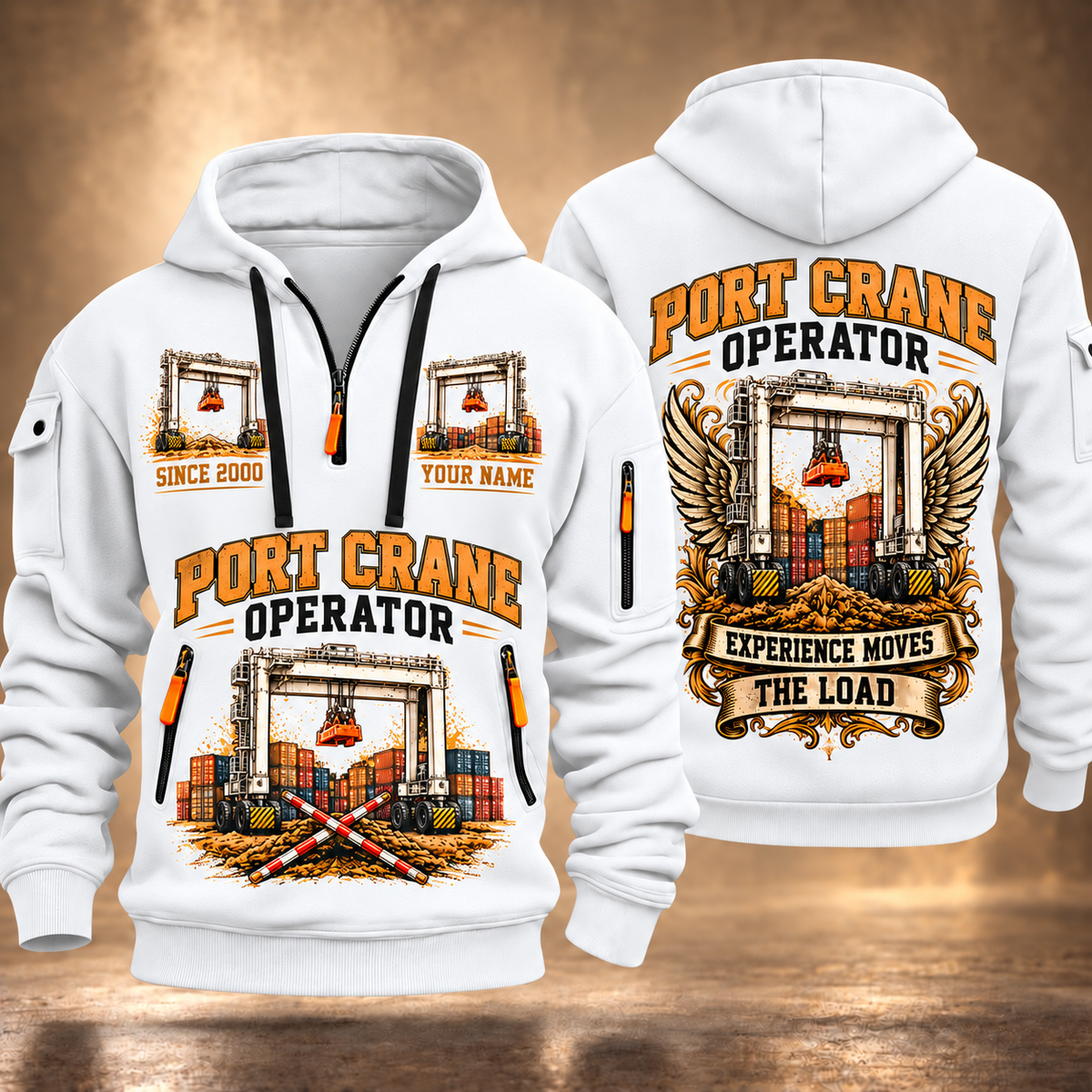 Konecranes Hybrid RTG Port Crane - Savannah Configuration quarter zip hoodie in White, front and back views, sample YOUR NAME and SINCE 2000 artwork