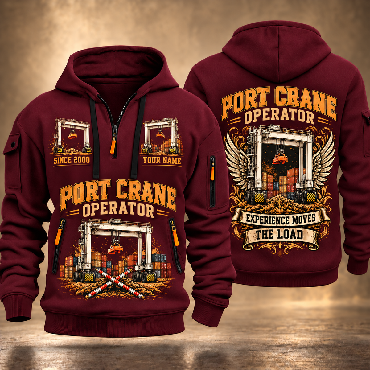 Konecranes Hybrid RTG Port Crane - Savannah Configuration quarter zip hoodie in Wine Red, front and back views, sample YOUR NAME and SINCE 2000 artwork