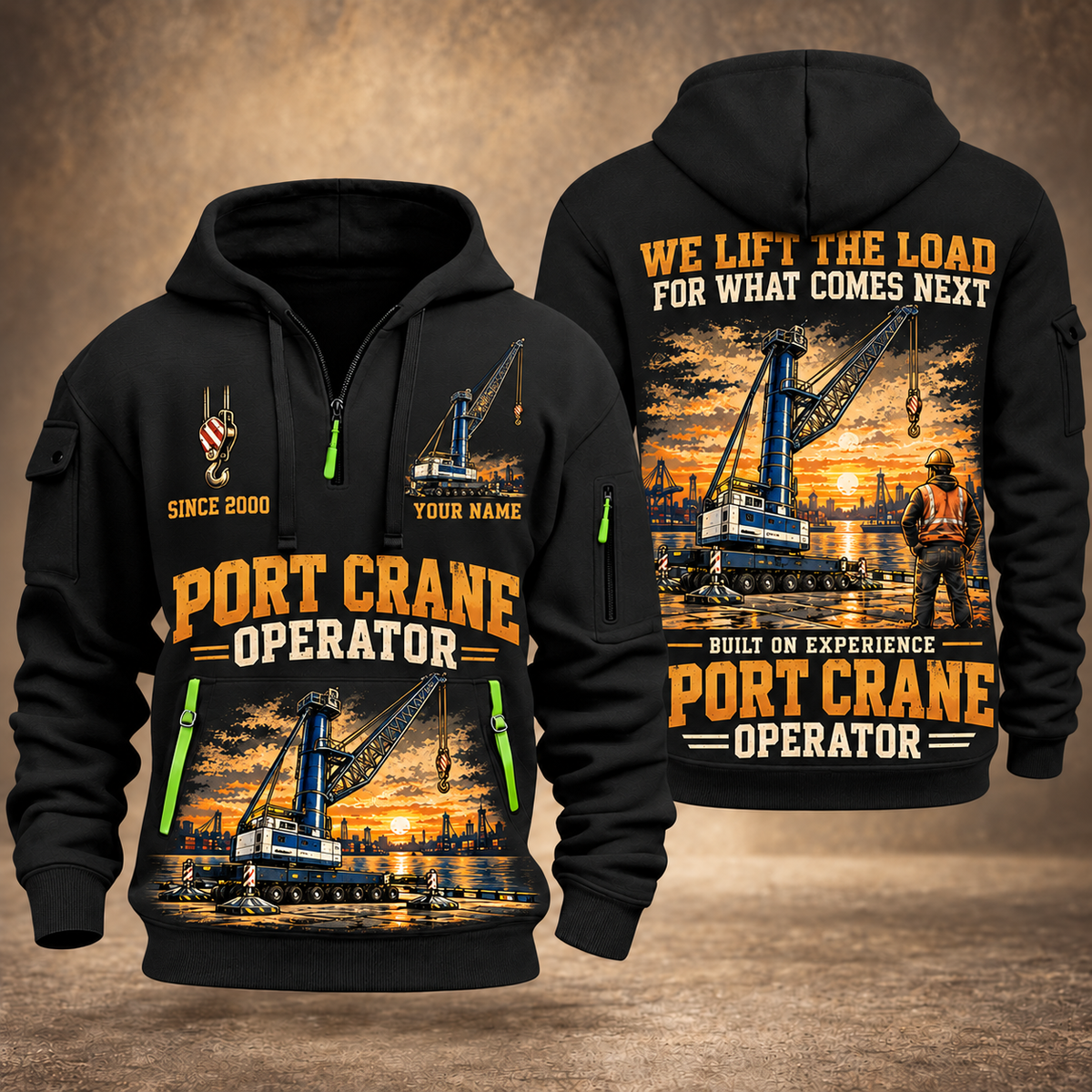 Liebherr LHM 550 Electric High-Rise Port Crane quarter zip hoodie in Black, front and back views, sample YOUR NAME and SINCE 2000 artwork