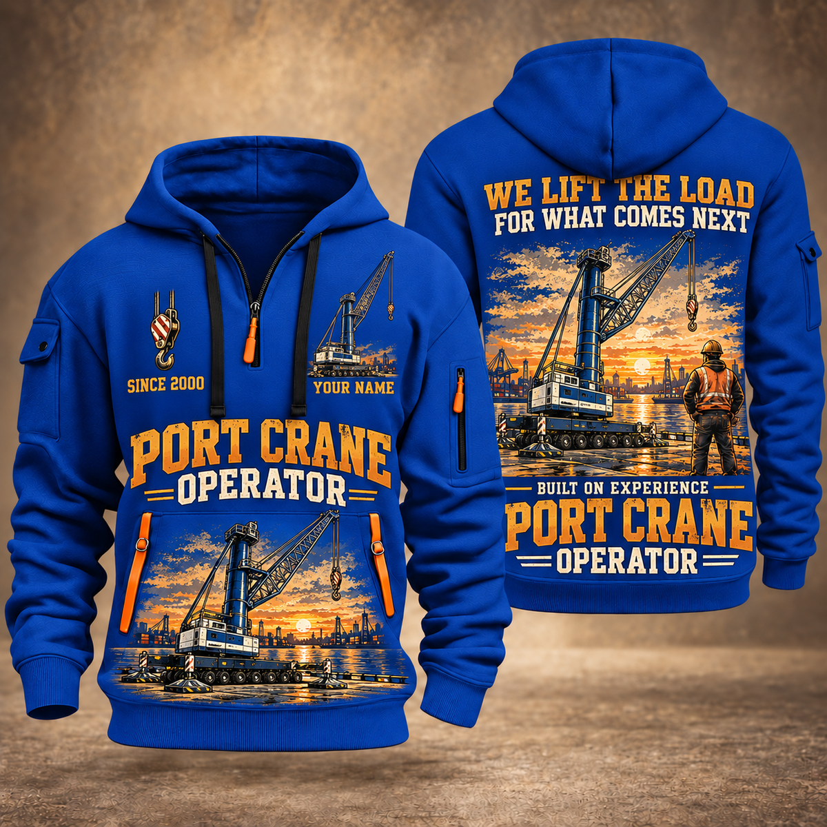 Liebherr LHM 550 Electric High-Rise Port Crane quarter zip hoodie in Blue, front and back views, sample YOUR NAME and SINCE 2000 artwork