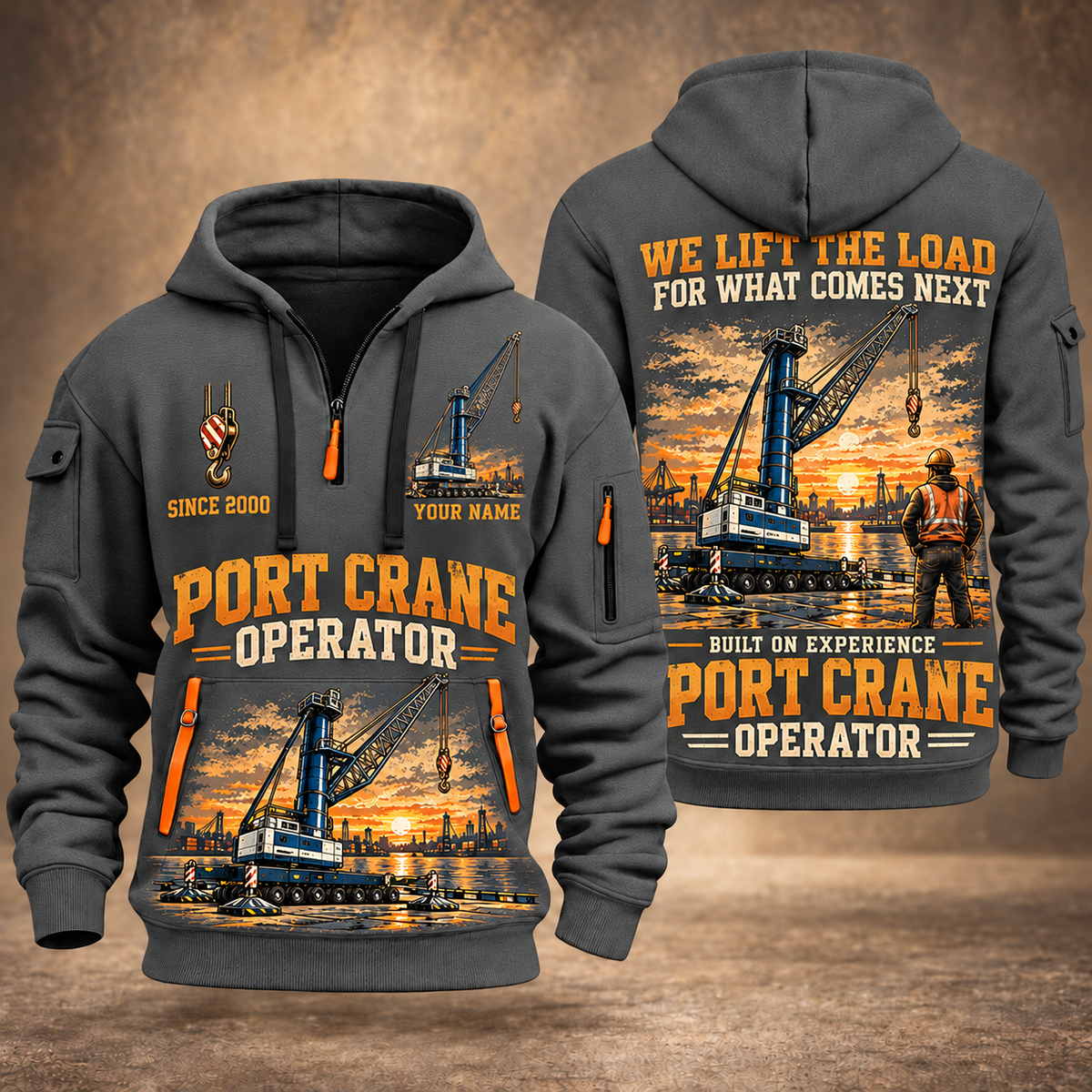 Liebherr LHM 550 Electric High-Rise Port Crane quarter zip hoodie in Gray, front and back views, sample YOUR NAME and SINCE 2000 artwork