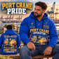 Liebherr LHM 550 Electric High-Rise Port Crane quarter zip hoodie in Blue, adult lifestyle portrait showing front and back artwork