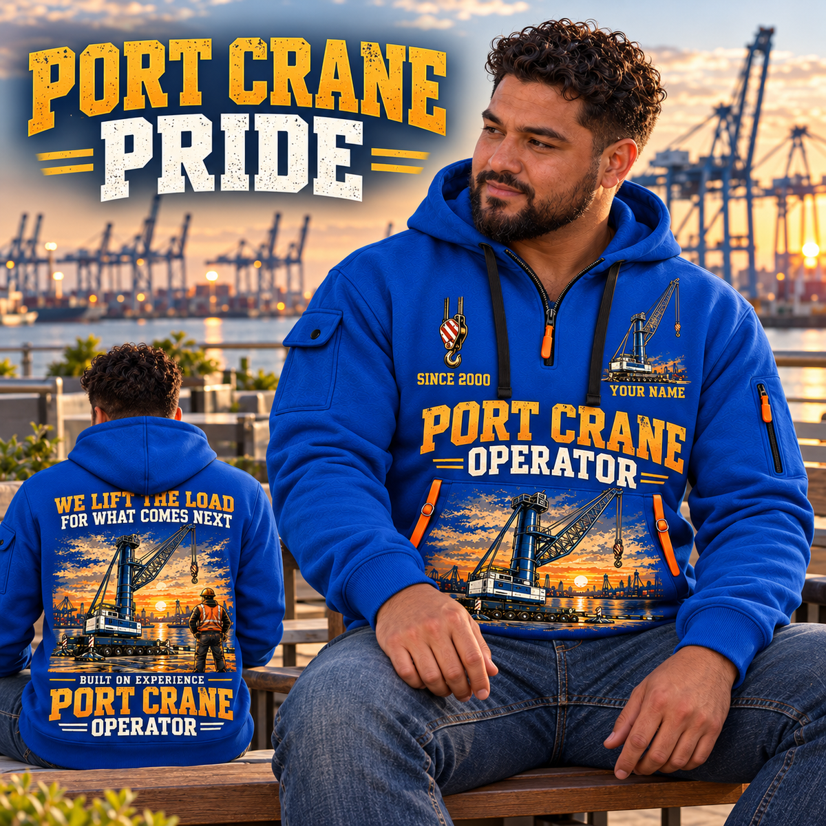 Liebherr LHM 550 Electric High-Rise Port Crane quarter zip hoodie in Blue, adult lifestyle portrait showing front and back artwork
