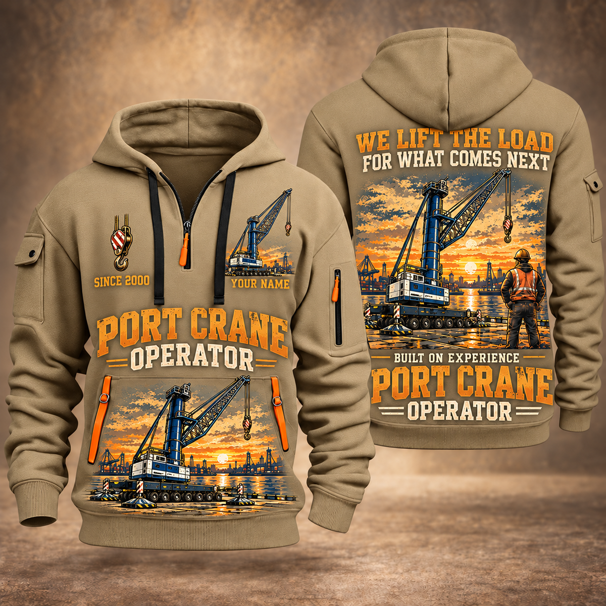 Liebherr LHM 550 Electric High-Rise Port Crane quarter zip hoodie in Khaki, front and back views, sample YOUR NAME and SINCE 2000 artwork