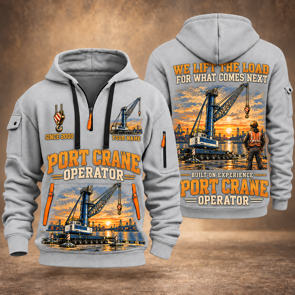 Liebherr LHM 550 Electric High-Rise Port Crane quarter zip hoodie in Light Grey, front and back views, sample YOUR NAME and SINCE 2000 artwork