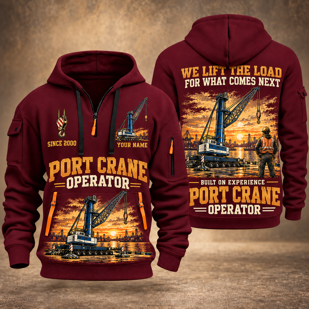Liebherr LHM 550 Electric High-Rise Port Crane quarter zip hoodie in Wine Red, front and back views, sample YOUR NAME and SINCE 2000 artwork