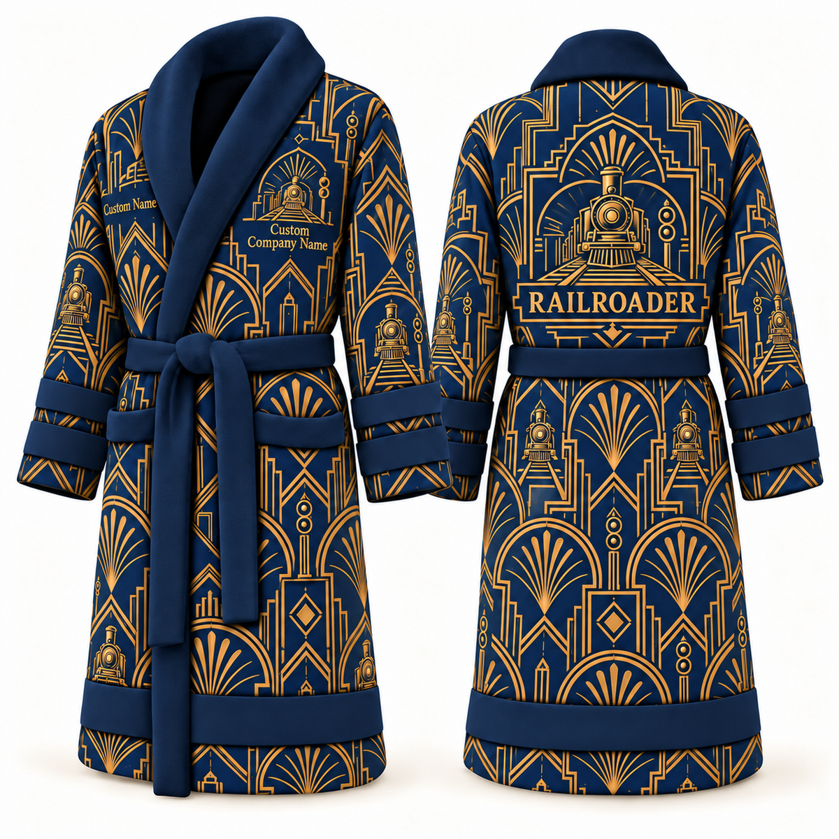 Personalized Railroader Bathrobe - Art Deco Craft blue front and back view