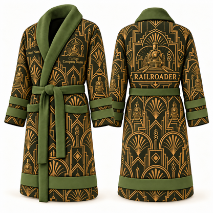 Personalized Railroader Bathrobe - Art Deco Craft olive front and back view