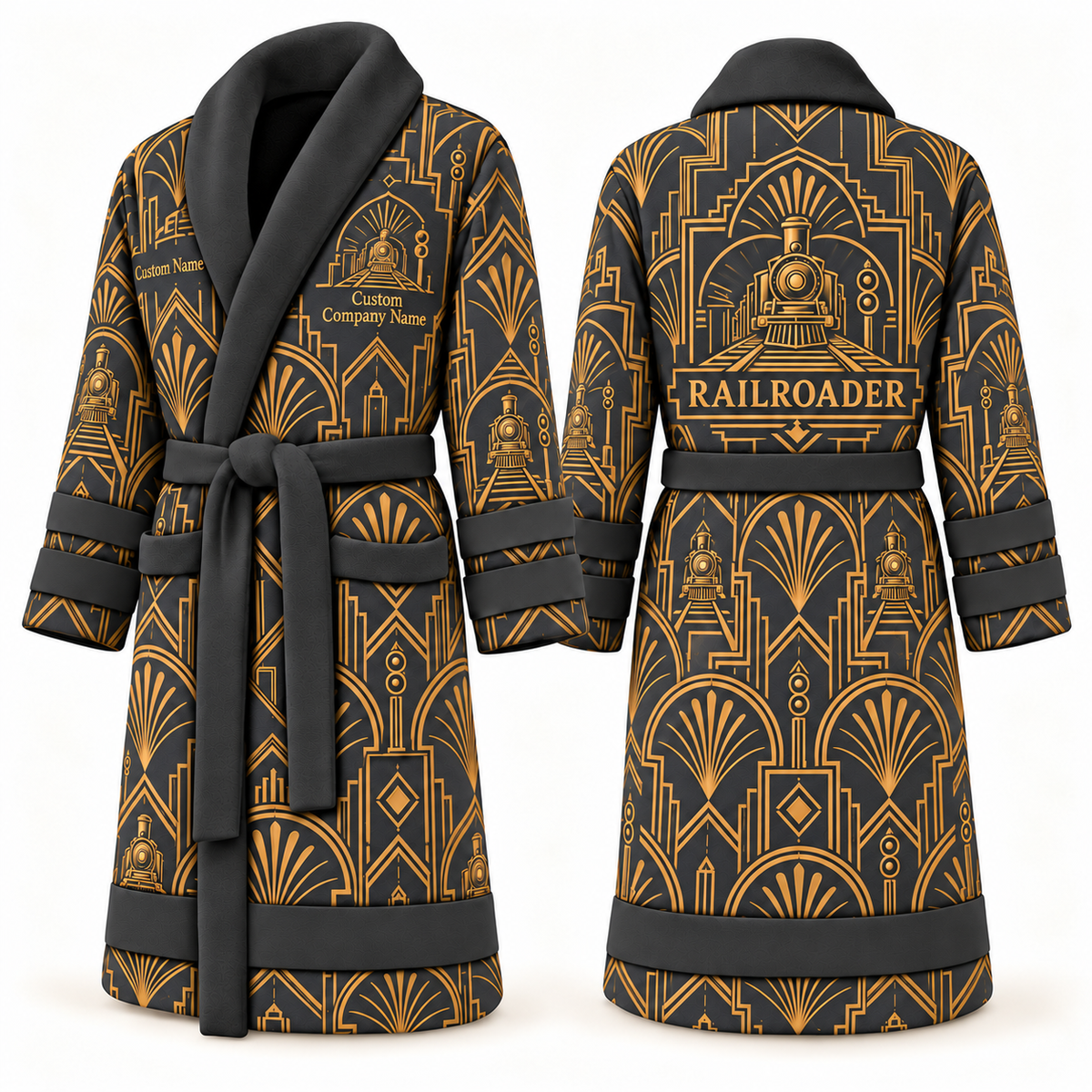 Personalized Railroader Bathrobe - Art Deco Craft slate front and back view