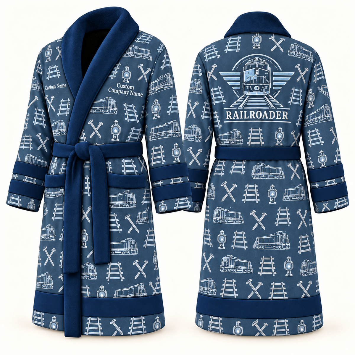 Personalized Railroader Bathrobe blue front and back