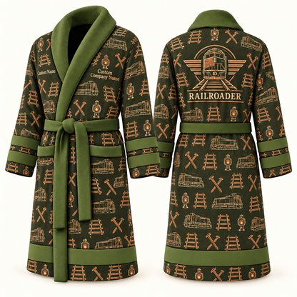 Personalized Railroader Bathrobe olive front and back