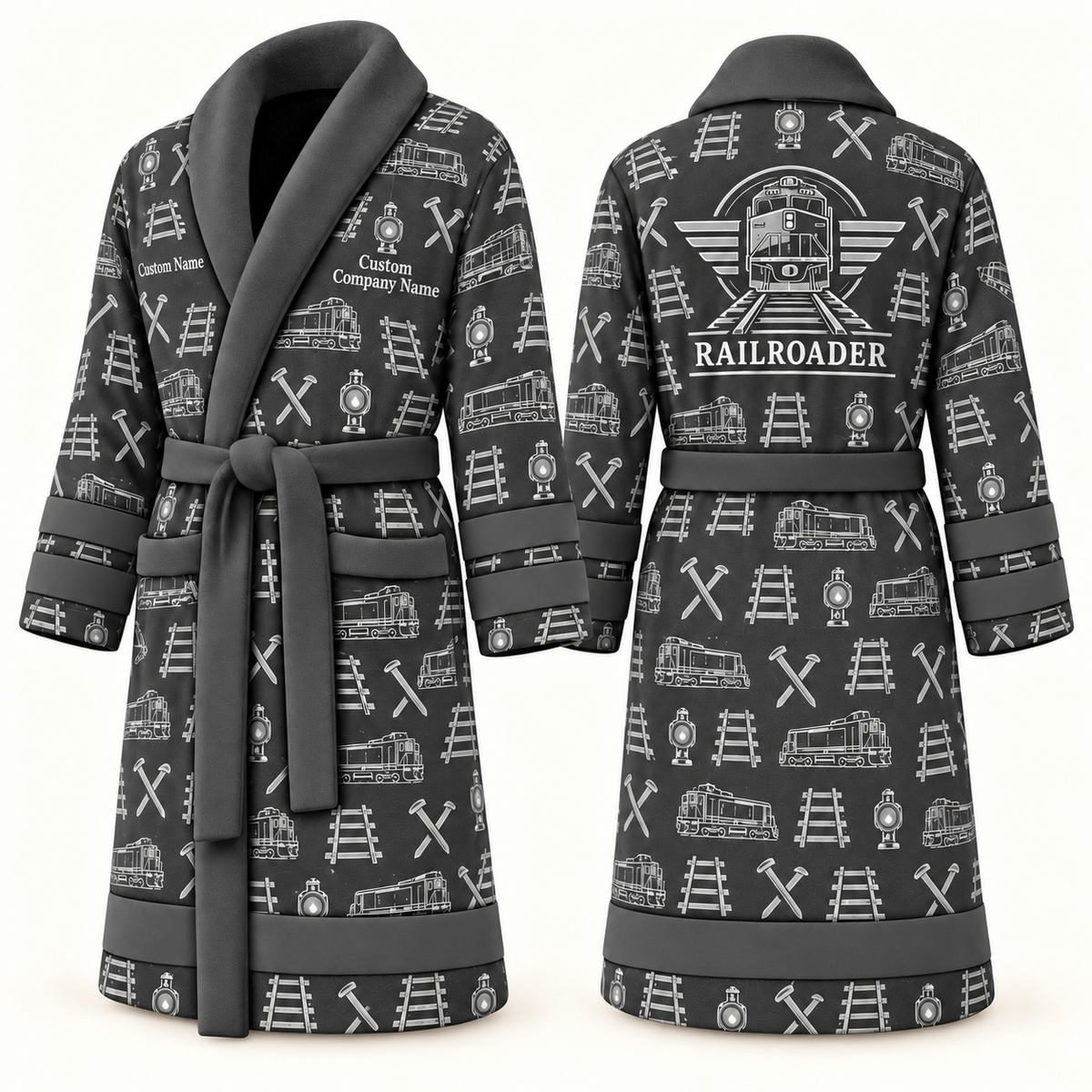 Personalized Railroader Bathrobe slate front and back