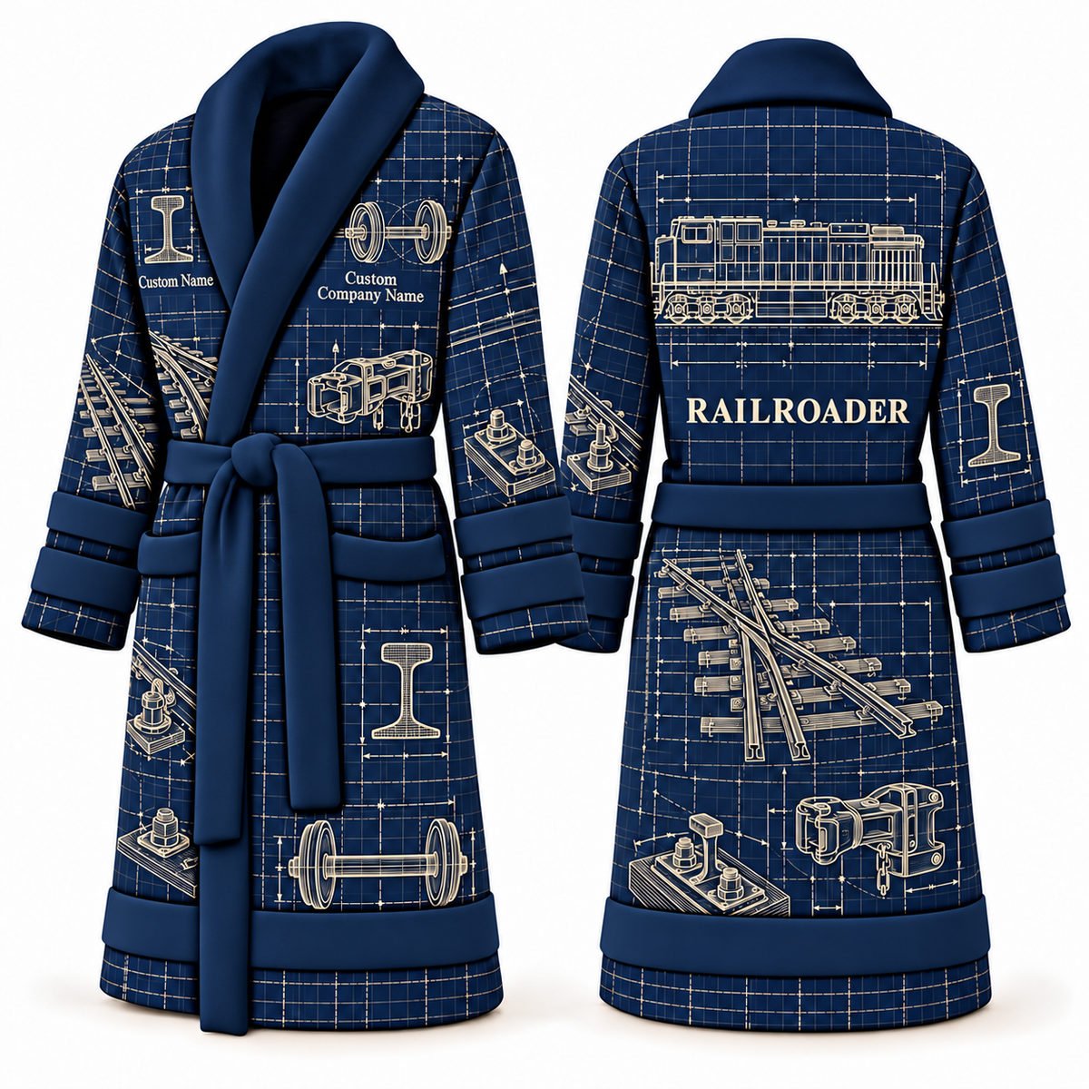 Personalized Railroader Bathrobe - Blueprint Workshop blue front and back view