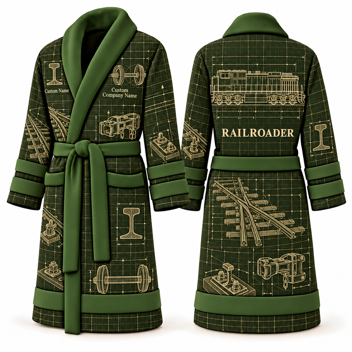 Personalized Railroader Bathrobe - Blueprint Workshop olive front and back view