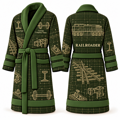 Personalized Railroader Bathrobe - Blueprint Workshop olive front and back view