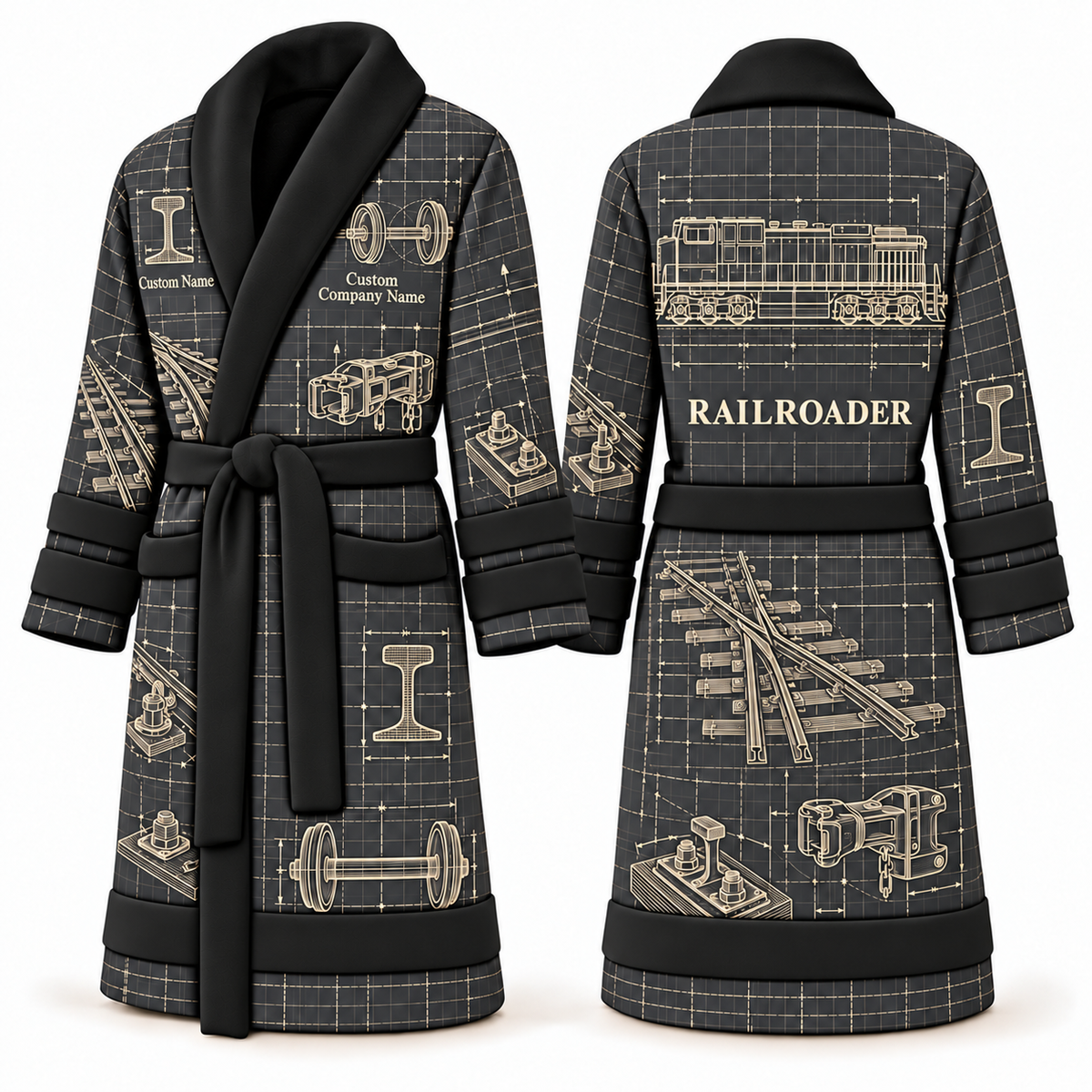 Personalized Railroader Bathrobe - Blueprint Workshop slate front and back view