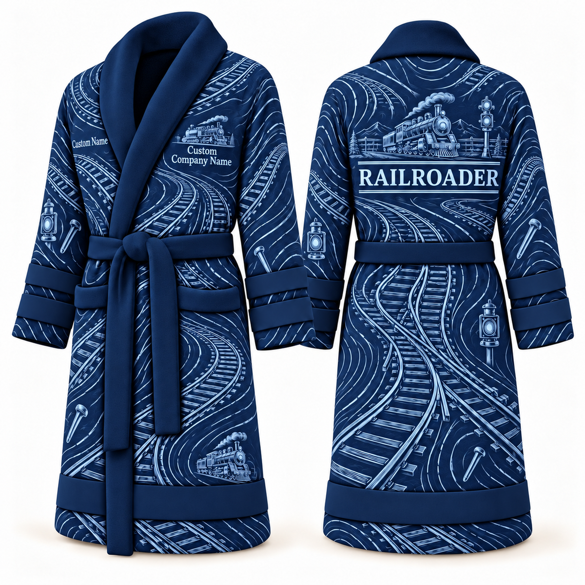 Personalized Railroader Bathrobe - Contour Lines blue front and back view