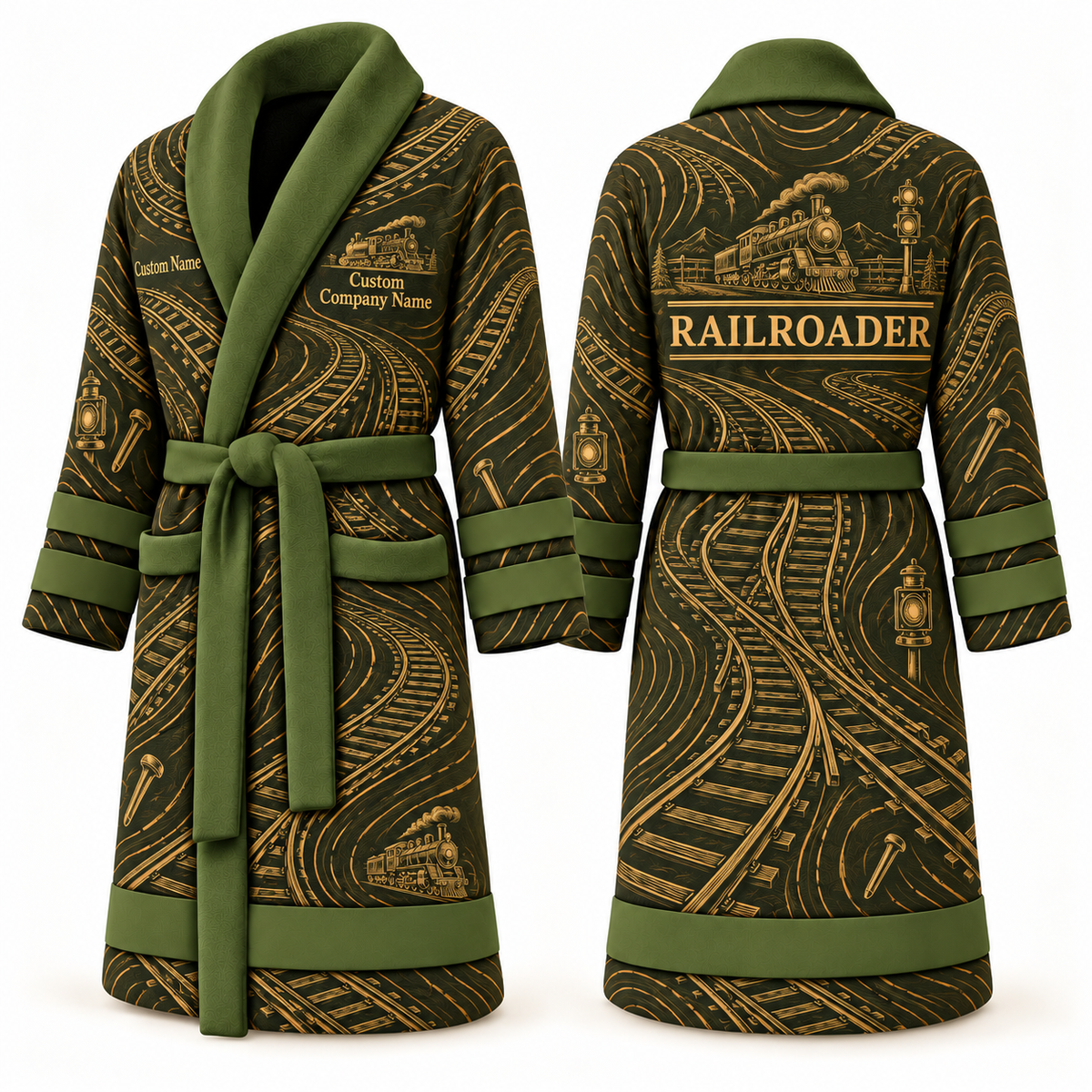 Personalized Railroader Bathrobe - Contour Lines olive front and back view